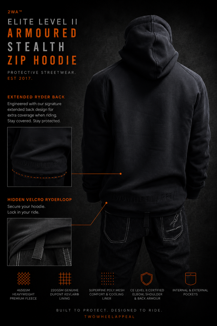 Armoured Motorcycle Hoodie - MotoCAP Rated Black STEALTH Fleece