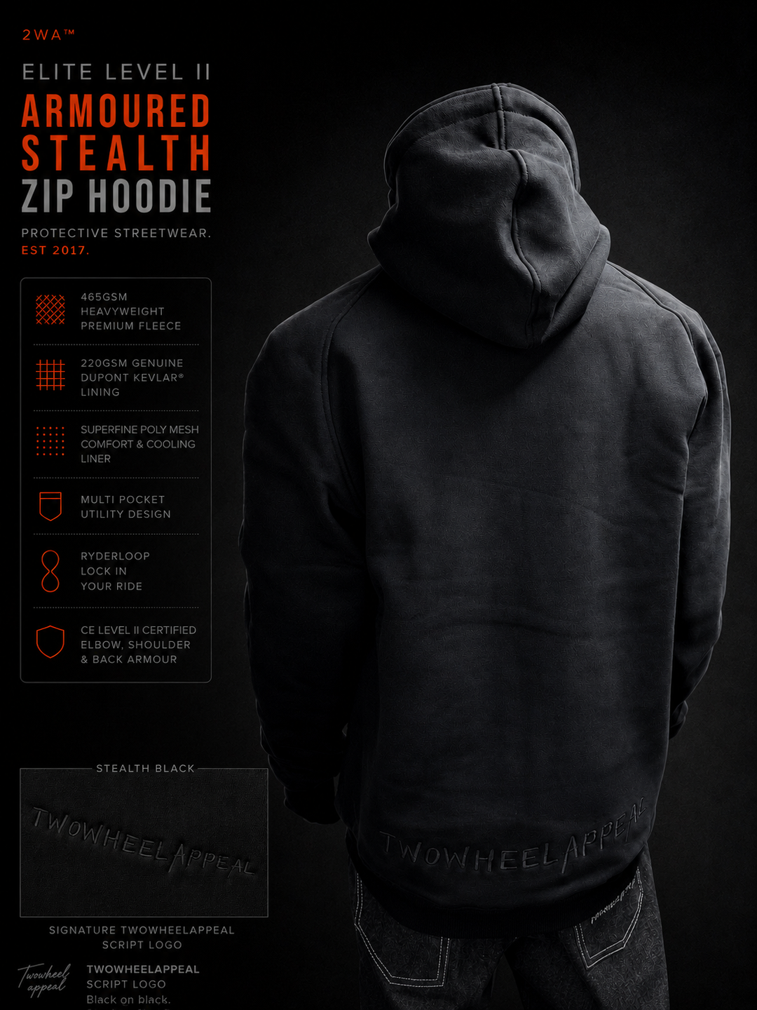 MOTOARMY バイク　ウェア　黒　LL Armoured Motorcycle Hoodie - MotoCAP Rated Black STEALTH Fleece