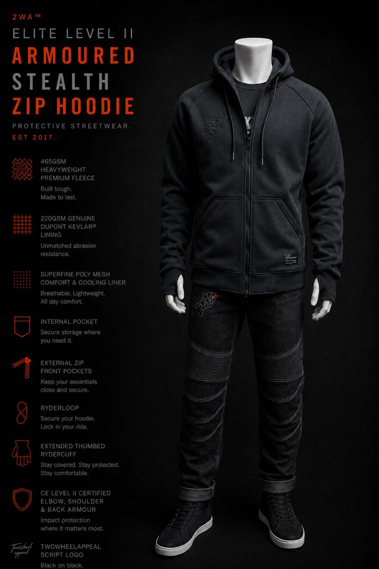 Armoured Motorcycle Hoodie - MotoCAP Rated Black STEALTH Fleece